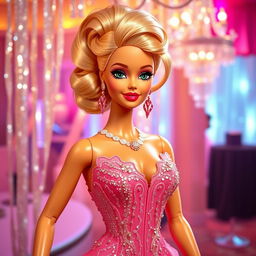 A stylized fashion doll resembling Barbie, with exaggerated features including large, voluptuous breasts, vibrant blonde hair styled in an elegant updo, wearing a glamorous sparkling pink gown adorned with sequins and lace