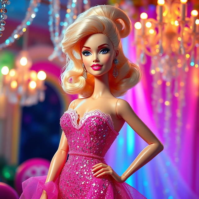 A stylized fashion doll resembling Barbie, with exaggerated features including large, voluptuous breasts, vibrant blonde hair styled in an elegant updo, wearing a glamorous sparkling pink gown adorned with sequins and lace