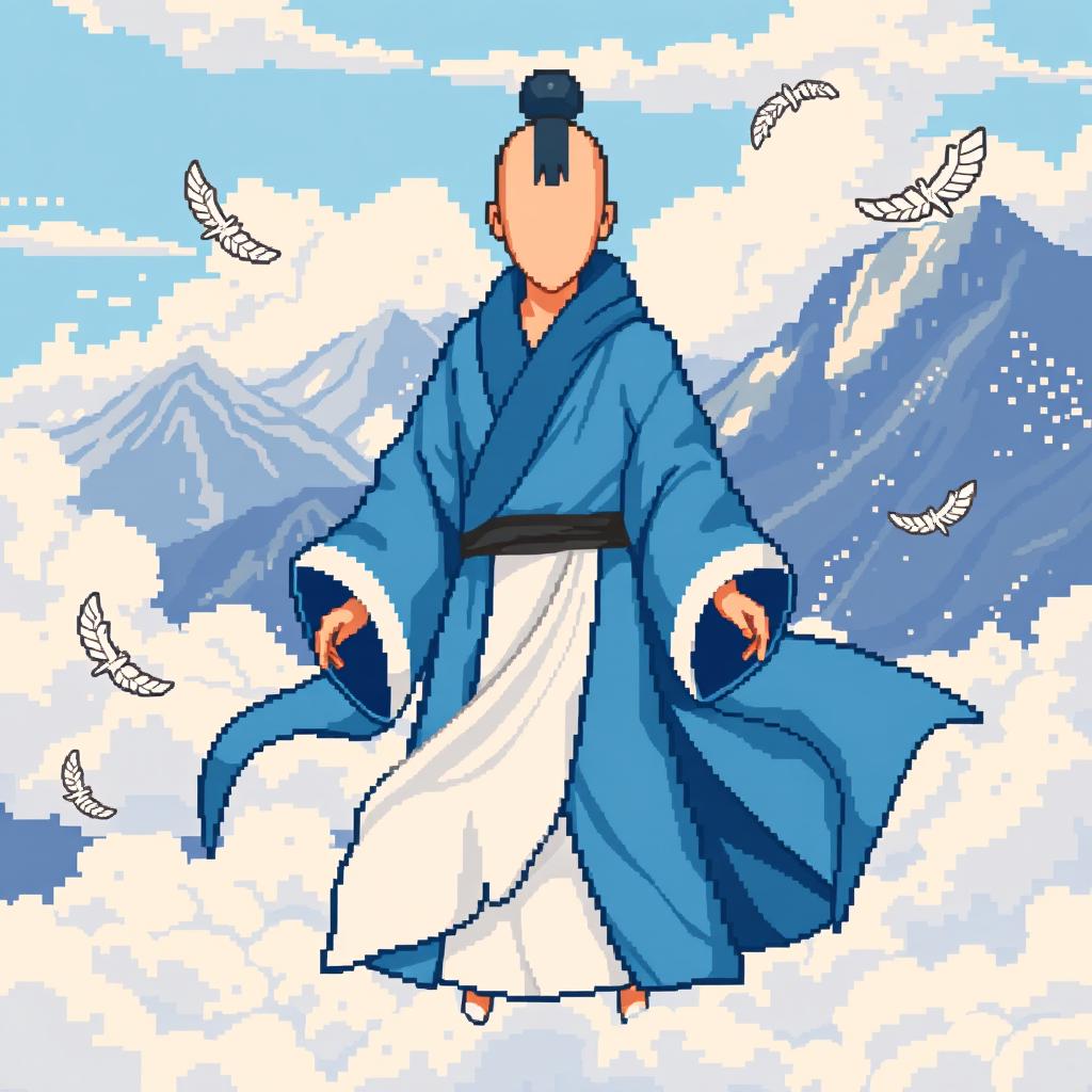 A faceless Airbender character designed in vibrant pixel art style, showcasing an array of shades of blue and white for the classic Air Nomad robes, flowing elegantly with a sense of motion