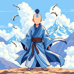 A faceless Airbender character designed in vibrant pixel art style, showcasing an array of shades of blue and white for the classic Air Nomad robes, flowing elegantly with a sense of motion