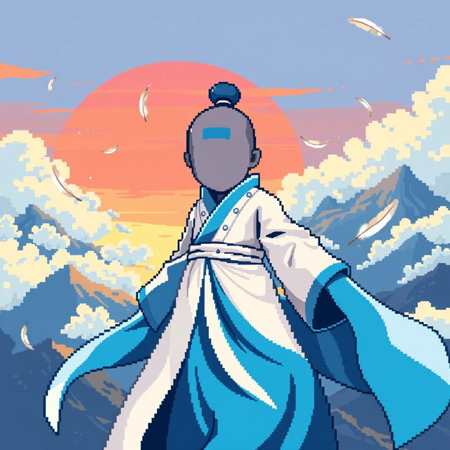 A faceless Airbender character designed in vibrant pixel art style, showcasing an array of shades of blue and white for the classic Air Nomad robes, flowing elegantly with a sense of motion