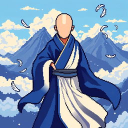 A faceless Airbender character designed in vibrant pixel art style, showcasing an array of shades of blue and white for the classic Air Nomad robes, flowing elegantly with a sense of motion