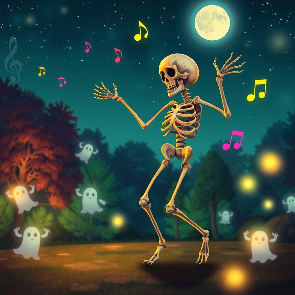 A whimsical scene of a skeleton dancing joyfully under a starry night sky, surrounded by colorful music notes floating in the air