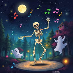 A whimsical scene of a skeleton dancing joyfully under a starry night sky, surrounded by colorful music notes floating in the air
