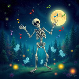 A whimsical scene of a skeleton dancing joyfully under a starry night sky, surrounded by colorful music notes floating in the air