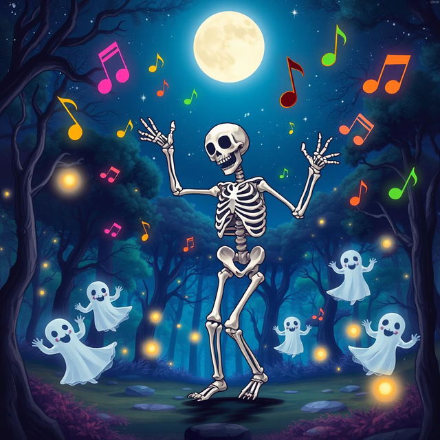 A whimsical scene of a skeleton dancing joyfully under a starry night sky, surrounded by colorful music notes floating in the air