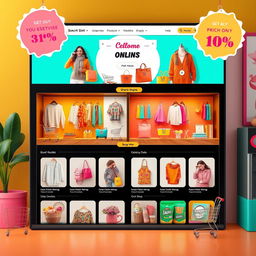 A vibrant and inviting online shop showcasing a variety of colorful products such as clothing, accessories, and home decor