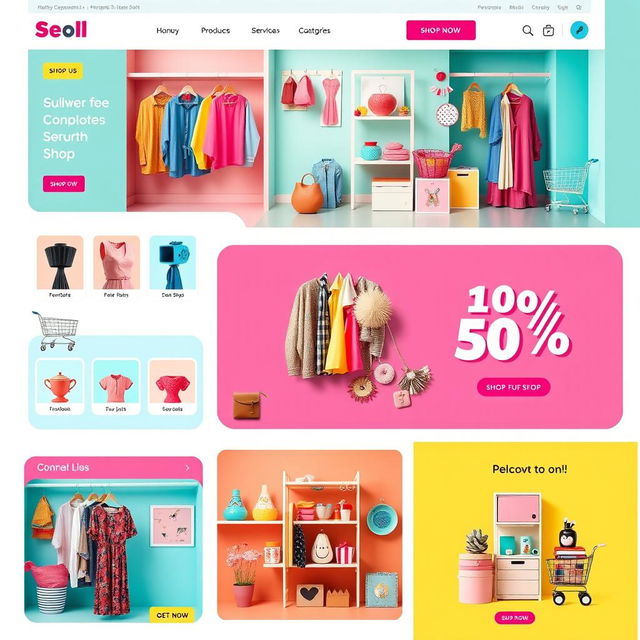 A vibrant and inviting online shop showcasing a variety of colorful products such as clothing, accessories, and home decor