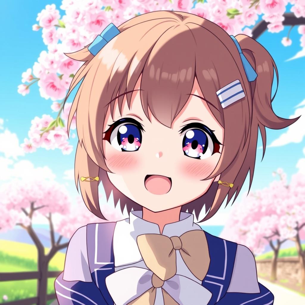 Anime girl with an Ahoge hairstyle, expressing a joyful and playful mood