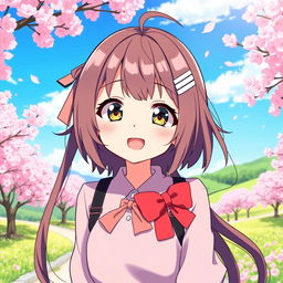 Anime girl with an Ahoge hairstyle, expressing a joyful and playful mood
