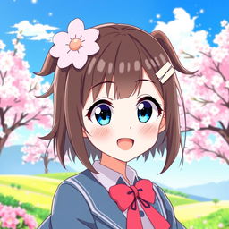 Anime girl with an Ahoge hairstyle, expressing a joyful and playful mood