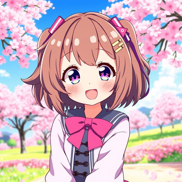 Anime girl with an Ahoge hairstyle, expressing a joyful and playful mood