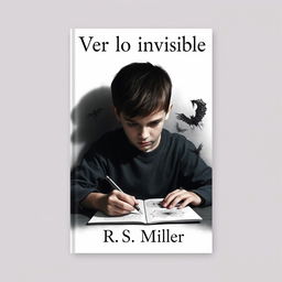 A minimalist and dark book cover featuring a teenage boy with a troubled expression, showcasing characteristics of schizophrenia