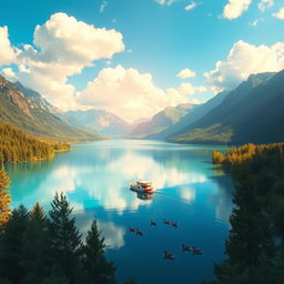A clear, vibrant landscape featuring a serene lake surrounded by majestic mountains
