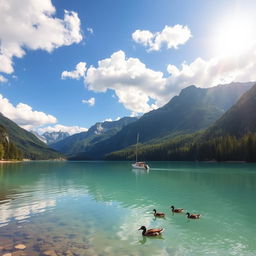 A clear, vibrant landscape featuring a serene lake surrounded by majestic mountains