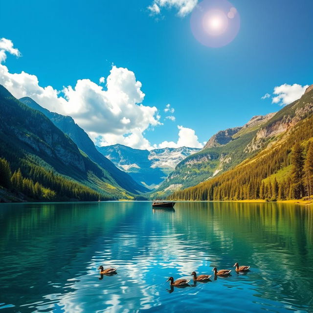 A clear, vibrant landscape featuring a serene lake surrounded by majestic mountains