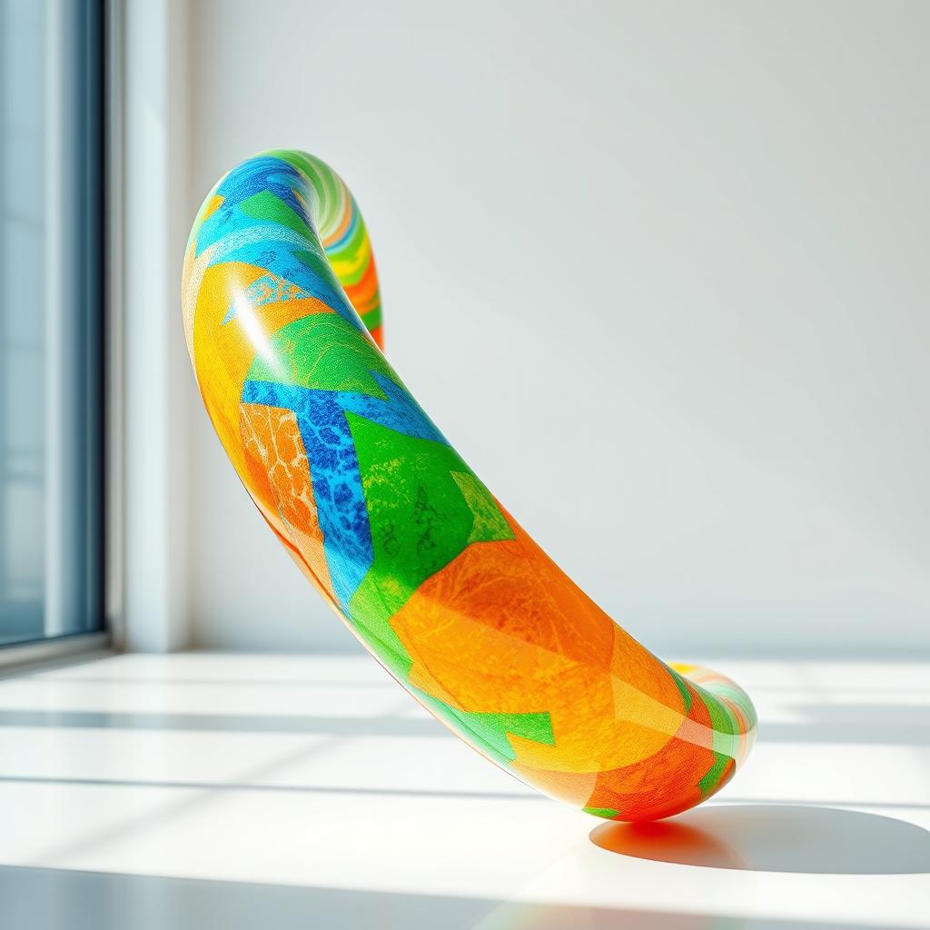 A large, bent tube made of colorful plastic, showcasing intricate patterns and textures on its surface, with vibrant colors like bright blue, green, and orange