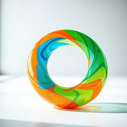 A large, bent tube made of colorful plastic, showcasing intricate patterns and textures on its surface, with vibrant colors like bright blue, green, and orange