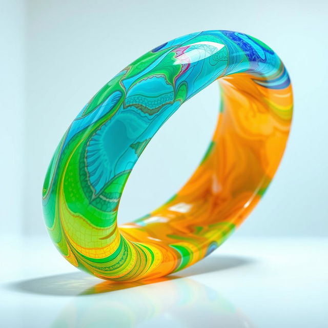 A large, bent tube made of colorful plastic, showcasing intricate patterns and textures on its surface, with vibrant colors like bright blue, green, and orange