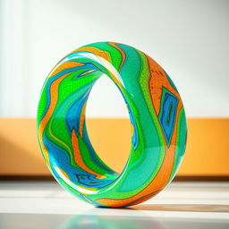 A large, bent tube made of colorful plastic, showcasing intricate patterns and textures on its surface, with vibrant colors like bright blue, green, and orange