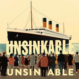 A vintage-style advertisement for the Titanic, prominently featuring the word 'Unsinkable' in bold, eye-catching lettering