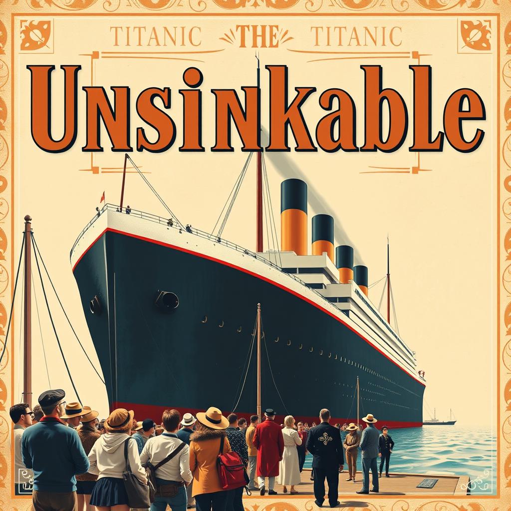 A vintage-style advertisement for the Titanic, prominently featuring the word 'Unsinkable' in bold, eye-catching lettering