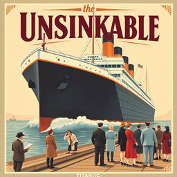 A vintage-style advertisement for the Titanic, prominently featuring the word 'Unsinkable' in bold, eye-catching lettering