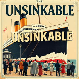 A vintage-style advertisement for the Titanic, prominently featuring the word 'Unsinkable' in bold, eye-catching lettering