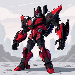A sleek and powerful autobot character designed with striking black and red colors, inspired by the Transformer Prime cartoon series art style