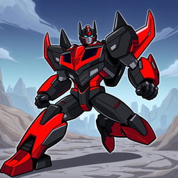A sleek and powerful autobot character designed with striking black and red colors, inspired by the Transformer Prime cartoon series art style