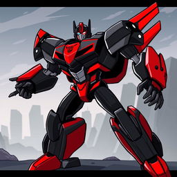 A sleek and powerful autobot character designed with striking black and red colors, inspired by the Transformer Prime cartoon series art style