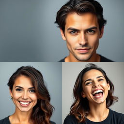 A series of three professional studio portraits of a person, each highlighting different expressions and aspects of their personality