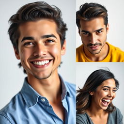 A series of three professional studio portraits of a person, each highlighting different expressions and aspects of their personality
