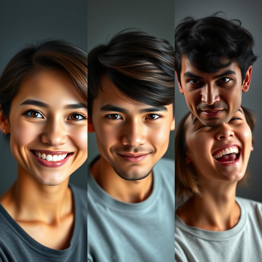 A series of three professional studio portraits of a person, each highlighting different expressions and aspects of their personality