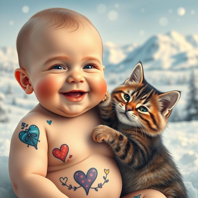 A heartwarming scene featuring a cute baby with a tattoo on their body and a playful cat also adorned with tattoos