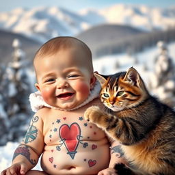 A heartwarming scene featuring a cute baby with a tattoo on their body and a playful cat also adorned with tattoos