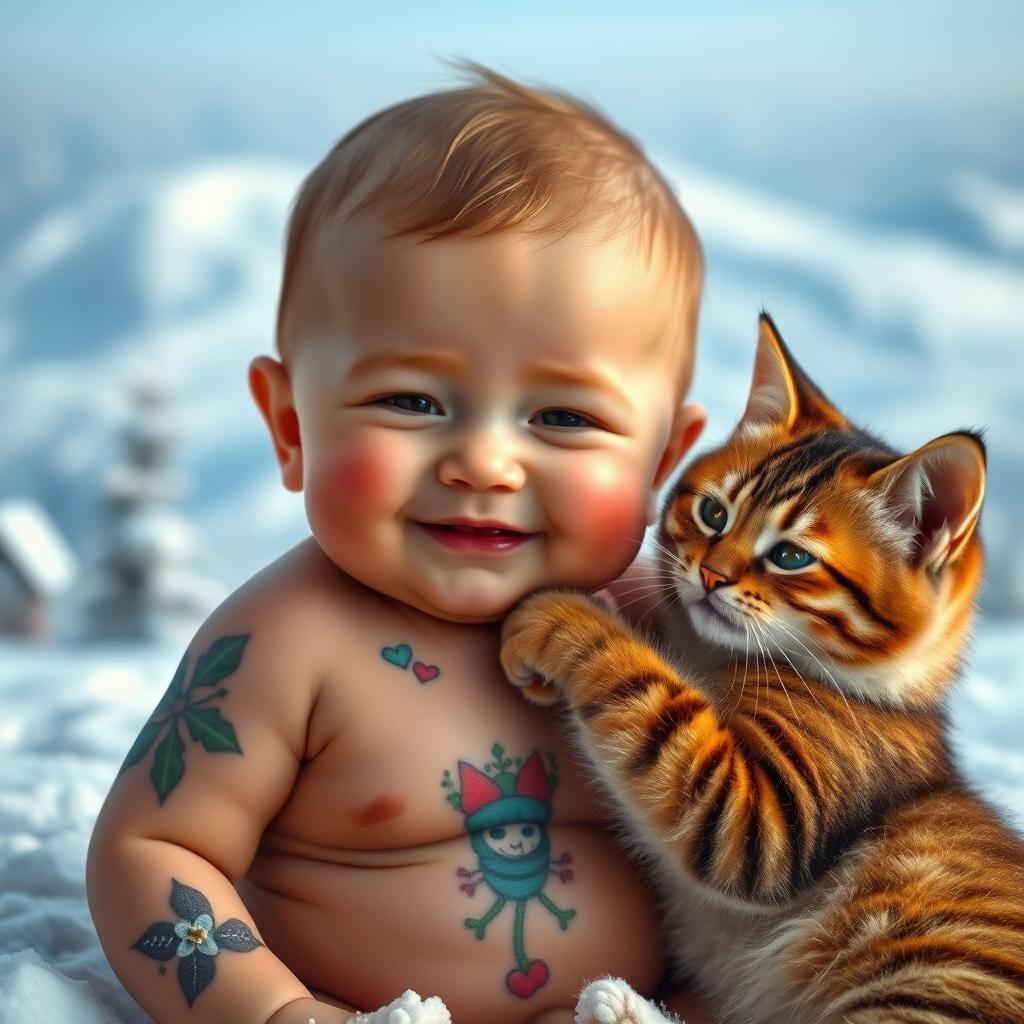 A heartwarming scene featuring a cute baby with a tattoo on their body and a playful cat also adorned with tattoos