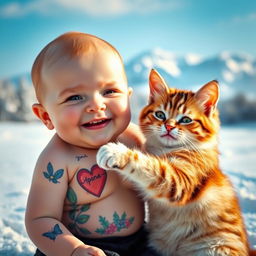 A heartwarming scene featuring a cute baby with a tattoo on their body and a playful cat also adorned with tattoos