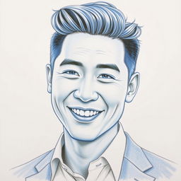 A detailed portrait of Christopher Bangchan, showcasing him with a stylish blue and white color scheme using pencil techniques