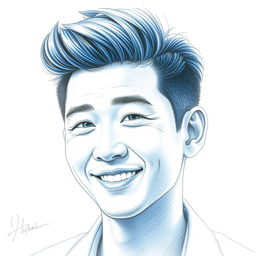 A detailed portrait of Christopher Bangchan, showcasing him with a stylish blue and white color scheme using pencil techniques