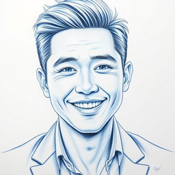 A detailed portrait of Christopher Bangchan, showcasing him with a stylish blue and white color scheme using pencil techniques