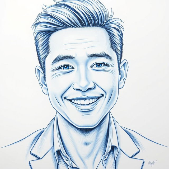 A detailed portrait of Christopher Bangchan, showcasing him with a stylish blue and white color scheme using pencil techniques