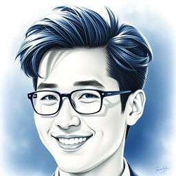 A detailed portrait of Christopher Bangchan, showcasing him with a stylish blue and white color scheme using pencil techniques