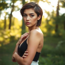 A confident young woman with short brown hair and captivating brown eyes, radiating an aura of self-assuredness