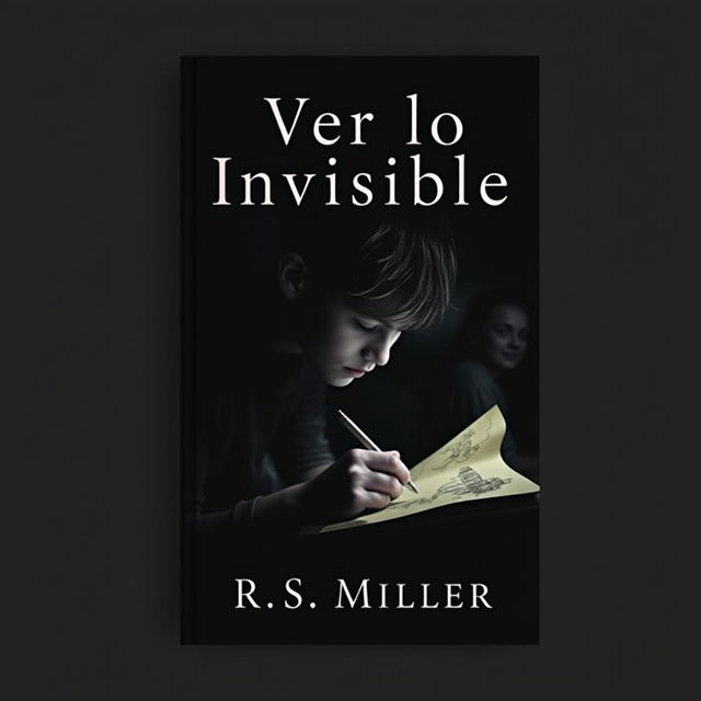 A minimalist and dark book cover featuring a teenager with schizophrenia, intensely focused on drawing disturbing and terrifying imagery