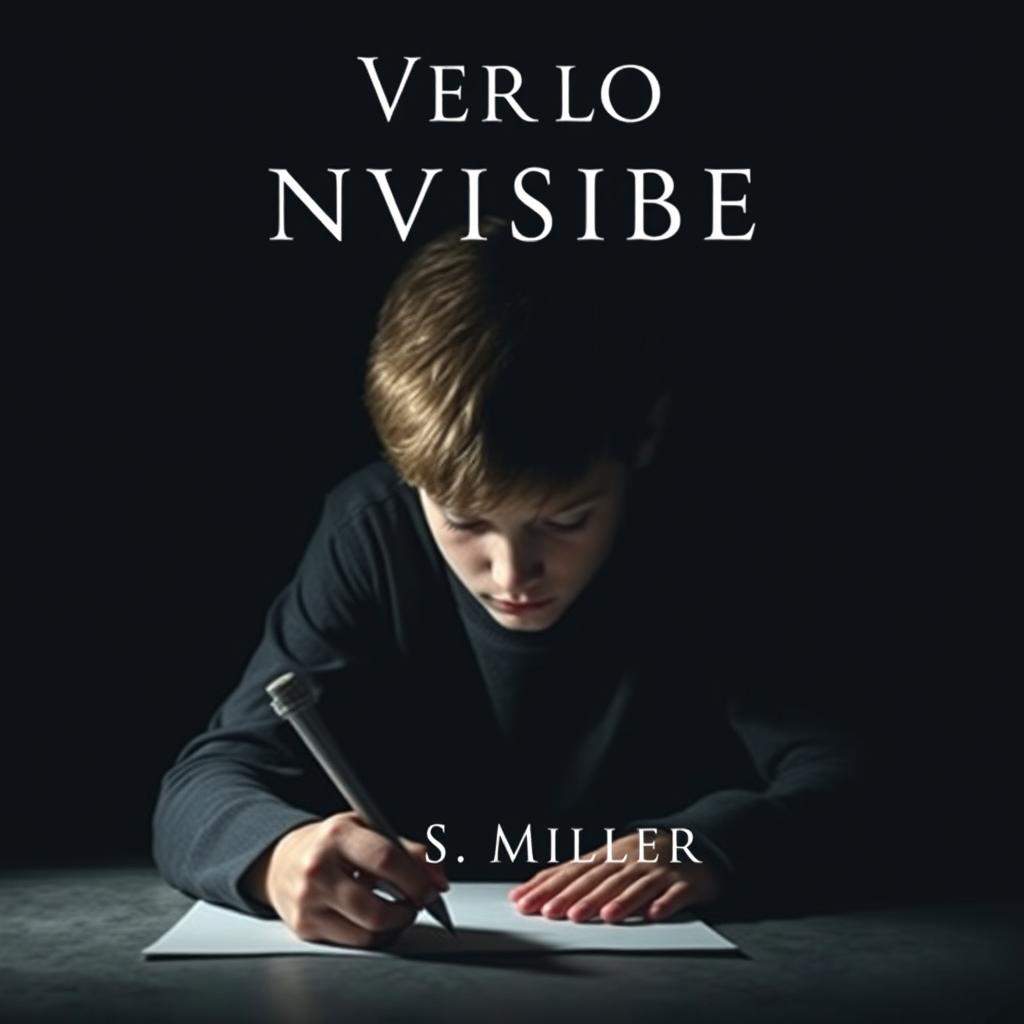 A minimalist and dark book cover featuring a teenager with schizophrenia, intensely focused on drawing disturbing and terrifying imagery