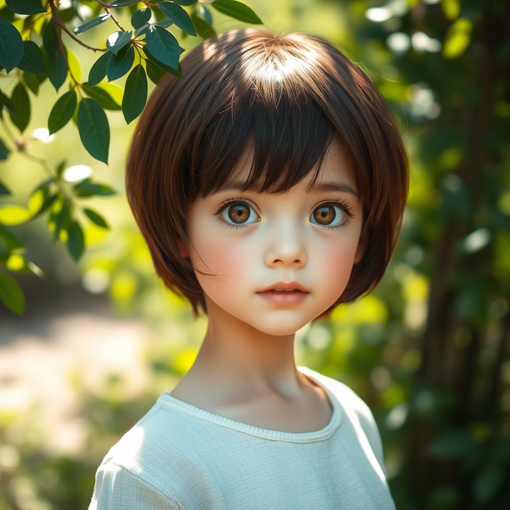 A full-body portrait of a girl with short brown hair and sparkling brown eyes