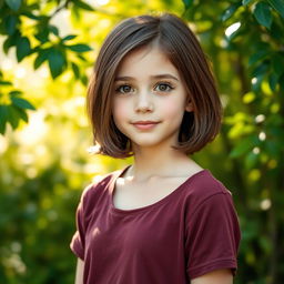 A full-body portrait of a girl with short brown hair and sparkling brown eyes