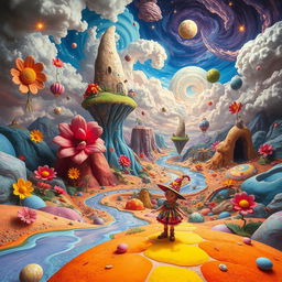 A surreal landscape featuring an imaginative and chaotic background