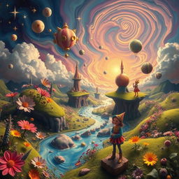 A surreal landscape featuring an imaginative and chaotic background
